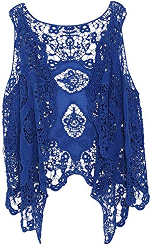 Berax Damen Weste Cardigan Sommer Hippie Gilet Häkeln Hohl Spitze Irregular Boho Ärmellos Cardigan Weste Kurz (Blau) von Berax