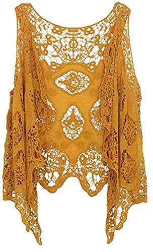 Berax Damen Weste Cardigan Sommer Hippie Gilet Häkeln Hohl Spitze Irregular Boho Ärmellos Cardigan Weste Kurz (Dunkelgelb) von Berax