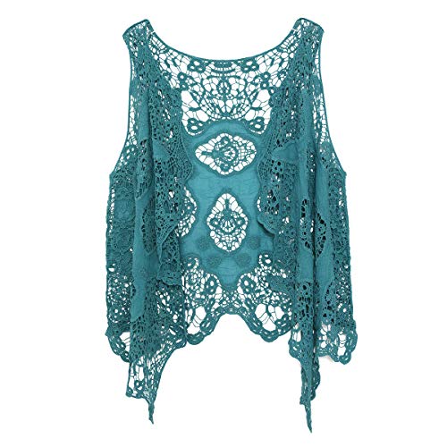 Berax Damen Weste Cardigan Sommer Hippie Gilet Häkeln Hohl Spitze Irregular Boho Ärmellos Cardigan Weste Kurz (Pfauenblau) von Berax