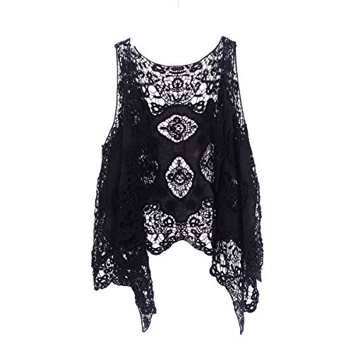 Berax Damen Weste Cardigan Sommer Hippie Gilet Häkeln Hohl Spitze Irregular Boho Ärmellos Cardigan Weste Kurz (Schwarz) von Berax