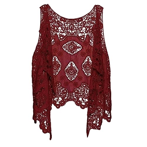 Berax Damen Weste Cardigan Sommer Hippie Gilet Häkeln Hohl Spitze Irregular Boho Ärmellos Cardigan Weste Kurz (Weinrot) von Berax