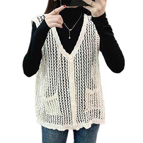 Berax Damen Weste Crochet Cardigan Große Größen V-Ausschnitt Ärmellos Knopf Gilet Häkeln Hohl Westen,Beige von Berax