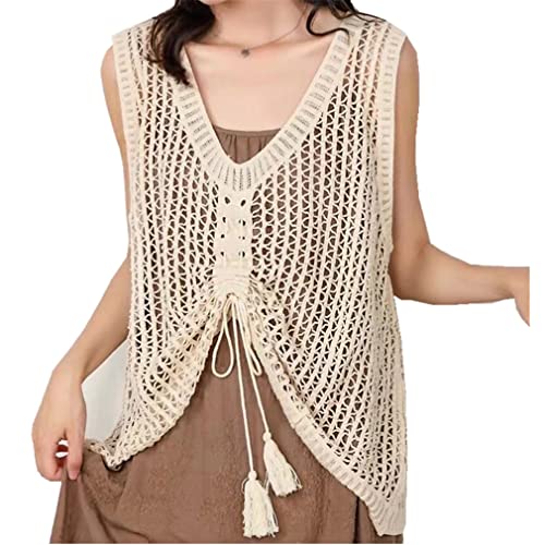 Berax Damen Weste Sommer V-Ausschnitt Loose Drawstring Hippie Weste Boho Ärmellos Häkeln Hohl Weste Cover Up Weste,Beige von Berax