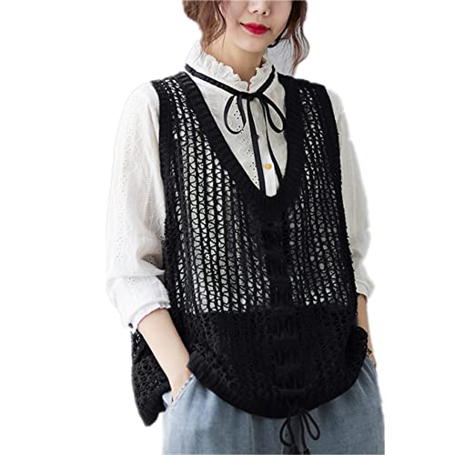 Berax Damen Sommer Weste - V-Ausschnitt, Loose Drawstring, Hippie Boho Ärmellos Häkeln Hohl Cover Up, Schwarz von Berax