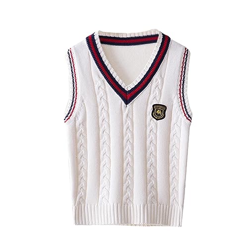 Berax Jungen Pullunder Gestrickte Weste Mädchens V Ausschnitt Strickweste Kinder Ärmellos Strickpullover Schuluniform Strick Weste,Beige 180 von Berax