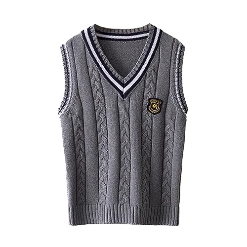 Berax Jungen Pullunder Gestrickte Weste Mädchens V Ausschnitt Strickweste Kinder Ärmellos Strickpullover Schuluniform Strick Weste,Grau 180 von Berax