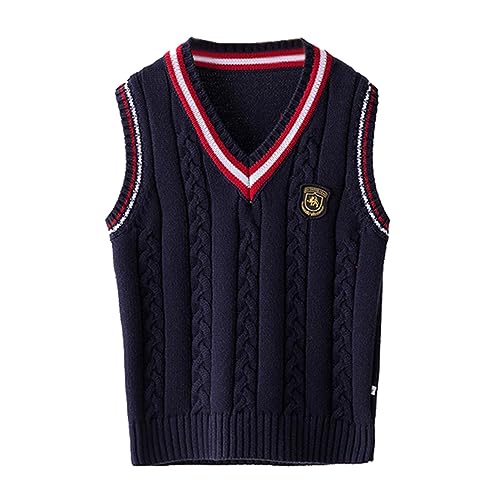 Berax Jungen Pullunder Gestrickte Weste Mädchens V Ausschnitt Strickweste Kinder Ärmellos Strickpullover Schuluniform Strick Weste,Marineblau 170 von Berax