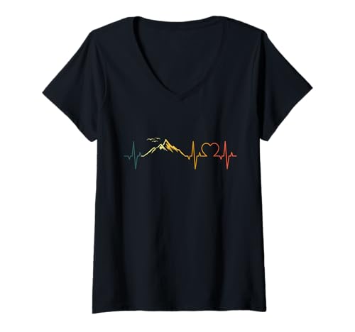Damen Herzschlag Berge Retro Puls Berg EKG Wandern T-Shirt mit V-Ausschnitt von Berg Herzschlag Retro Bergsteiger Alpen Designs