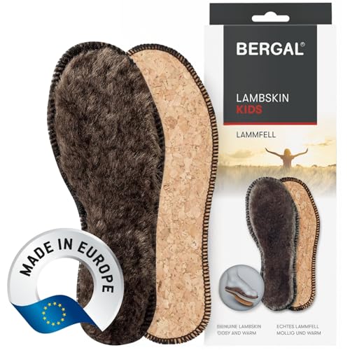 LAMBSKIN 1 Paar Kinder-Lammfell-Sohlen Premium aus extra dickem, echtem Fell, ultra wärmende Winter-Einlagen mit Kork-Isolierschicht, warme Thermosohle, Schaffell Schuheinlagen für Kids Gr. 34 von BERGAL