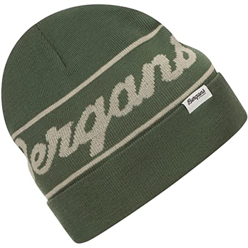 Bergans Logo Beanie Grün - Merino Bequeme Logo Strickmütze, Größe One Size - Farbe Dark Jade Green - Chalk Sand von Bergans