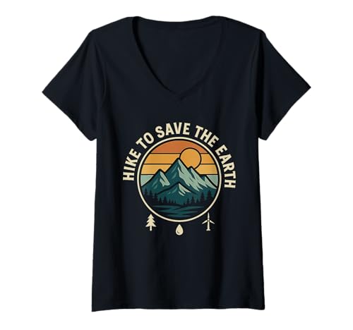 Damen Hike to Save The Earth Berge Natur T-Shirt mit V-Ausschnitt von Berge Natur Wandern Umweltbewusstsein