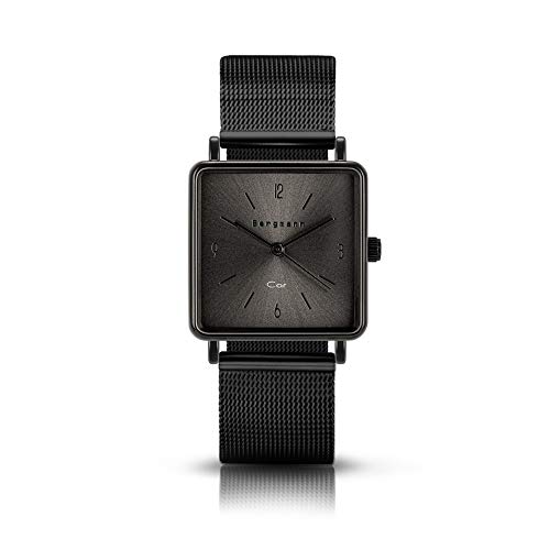 Bergmann Armbanduhr COR Quadro schwarz analog Quarz quadratisch schwarzes Zifferblatt schwarzes Milanaisearmband von Bergmann
