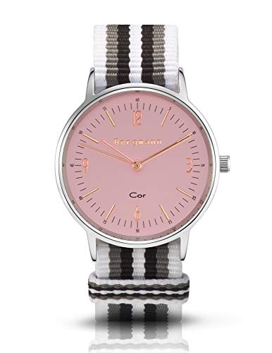 Bergmann Damen Herren Armbanduhr COR Silber Branco Preto Analog Quarz rosa Zifferblatt weiß-grau-schwarz-NATO-Textilarmband von Bergmann