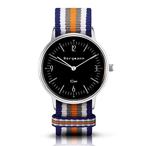 Bergmann Damen Herren Armbanduhr COR Silber Colorido Analog Quarz schwarzes Zifferblatt blau-weiß-grau-orange-NATO-Armband von Bergmann