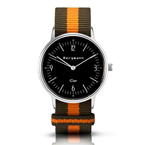 Bergmann Damen Herren Armbanduhr COR Silber Olivia Analog Quarz schwarzes Zifferblatt Oliv-orange-gestreiftes NATO-Nylonarmband von Bergmann