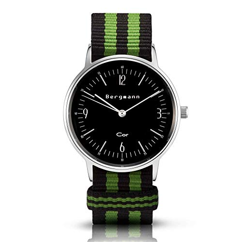 Bergmann Damen Herren Armbanduhr COR Silber Preto Verde Analog Quarz schwarzes Zifferblatt schwarz-grün-NATO-Armband von Bergmann
