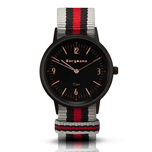 Bergmann Damen Herren Armbanduhr COR schwarz Chinza Preto Analog Quarz schwarzes Zifferblatt grau-schwarz-rot-NATO-Textilarmband von Bergmann