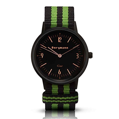 Bergmann Damen Herren Armbanduhr COR schwarz Preto Verde Analog Quarz schwarzes Zifferblatt schwarz-grün-NATO-Textilarmband von Bergmann