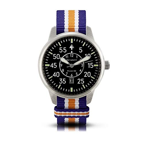 Bergmann-Uhr Pilot 02 blau-weiß-orange NATO-Textilarmband von Bergmann