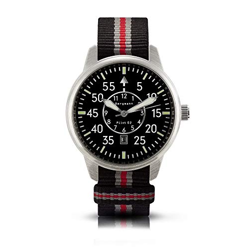 Bergmann-Uhr Pilot 02 schwarz-grau-rot NATO-Textilarmband von Bergmann