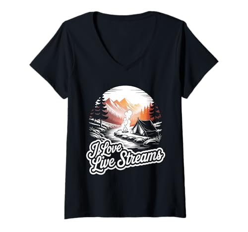 Damen Ich Liebe Live-Stream Outdoor-Wandern Abenteuer Outdoor-Lieb T-Shirt mit V-Ausschnitt Damen Ich Liebe Live-Stream Outdoor-Wandern Abenteuer Outdoor-Lieb T-Shirt mit V-Ausschnitt von Bergpfad Camping-Enthusiast Camper Grafik