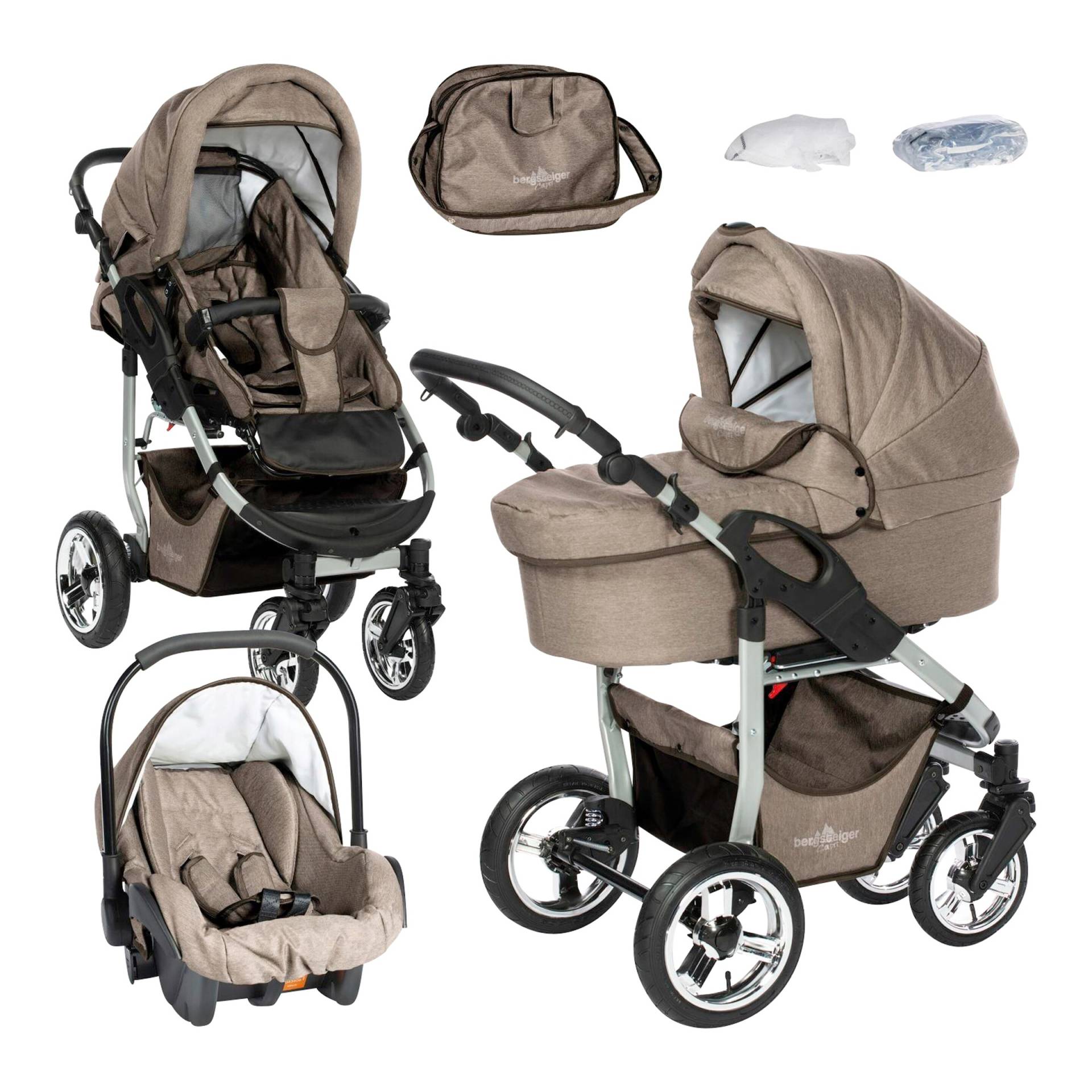 Bergsteiger Kombikinderwagen Capri Trio-Set mit Wickeltasche und Fußsack braun von Bergsteiger