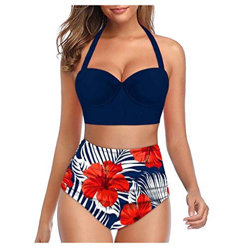 Berimaterry Bikini Damen Bauchweg Damen High Waist Crop Tops mit Blumendruck und Hoher Taille + Shorts Zweiteilige Bademode Halter Tankini von Berimaterry