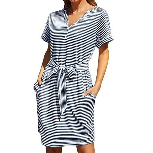 Festliches Sommerkleid Damen Kurzärmliges gestreiftes T Shirt Kleid lässige Minikleider mit O Ausschnitt und Taillenbindung von Berimaterry