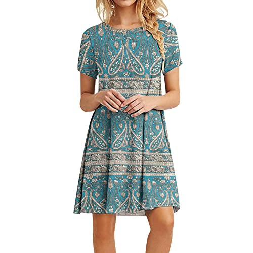 Sommerkleid Damen Strandkleid T Shirt Kleider Mode Lässig Kurzarm Boho O Neck Print Damen Lose Mini Strandkleid von Berimaterry