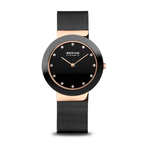 BERING Damen Quarz Uhr | Armbanduhr 35 mm roségoldenes Edelstahlgehäuse und schwarzes Zifferblatt | Milanaisearmband | Saphierglas | 5 ATM | 11435-166 von BERING