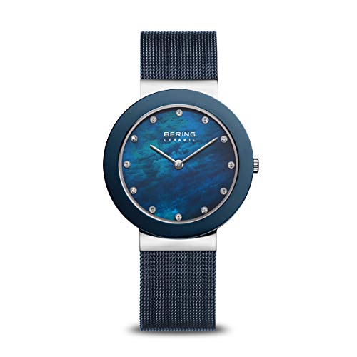 BERING Damen Quarz Uhr | Armbanduhr 35 mm silbernes Edelstahlgehäuse und blaues Zifferblatt | Milanaisearmband | Saphierglas | 5 ATM | 11435-387 von BERING