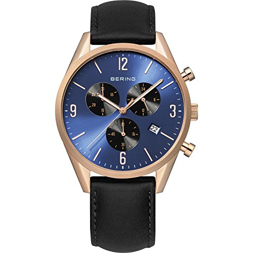 BERING Herren Quarz Uhr | Armbanduhr 42 mm roségoldenes Edelstahlgehäuse und blaues Zifferblatt | Kalbslederarmband | Saphierglas | 5 ATM | 10542-567 von BERING