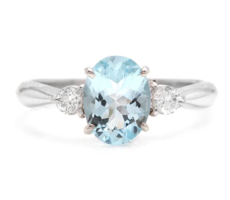 1.16 Karat Beeindruckender Natürlicher Aquamarin Und Diamant 14K Massiver Weißgold Ring von Beringo