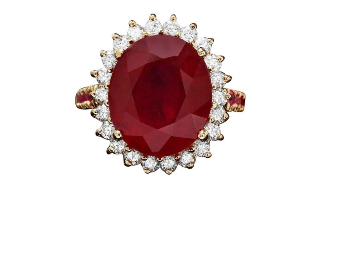 10, 70 Karat Natürliche Rote Rubin Und Diamant 14 K Solid Yellow Gold Ring von Beringo