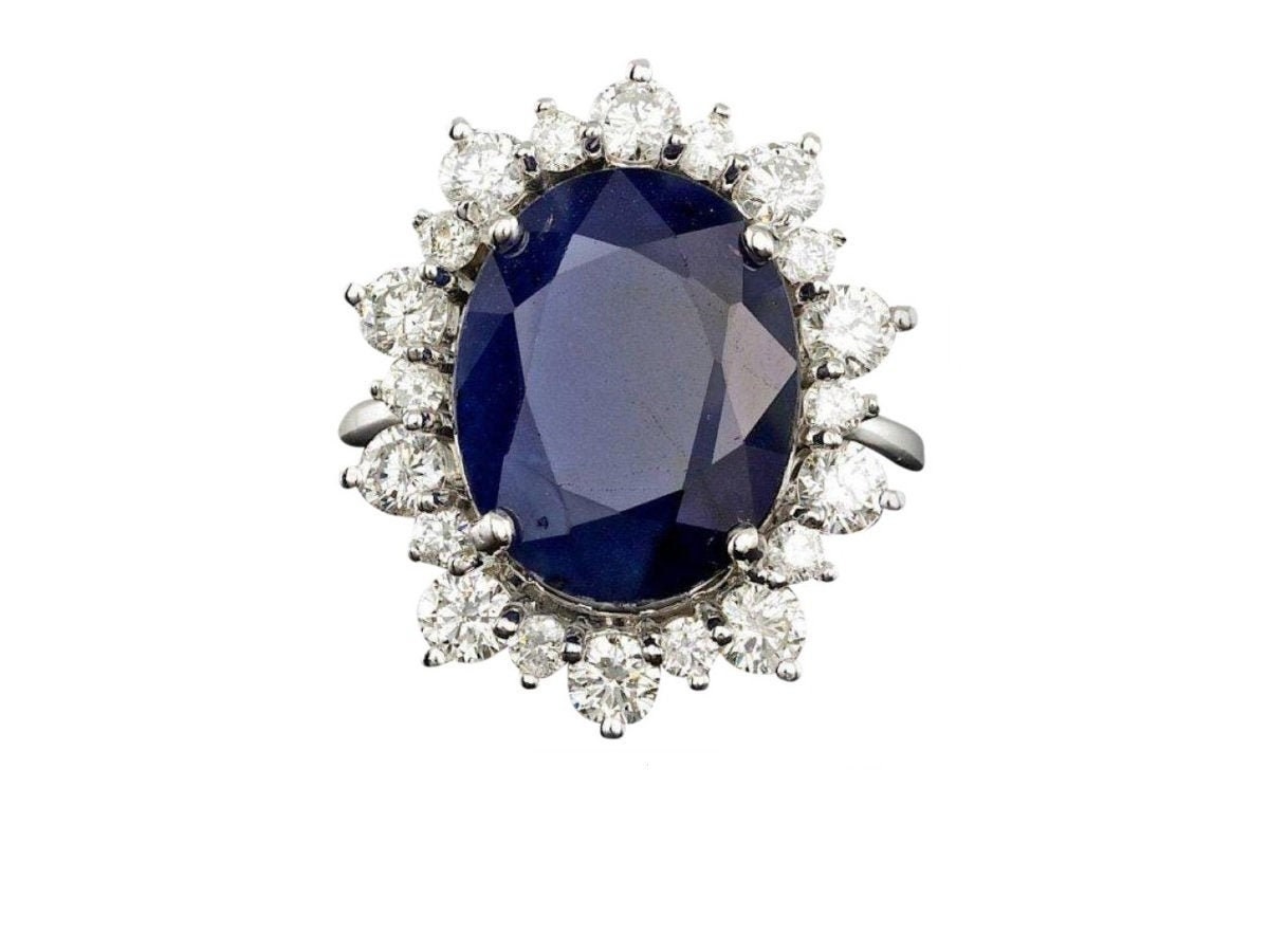 10, 75 Ct Natürliche Blaue Saphir & Diamant 14 K Solid White Gold Ring von Beringo