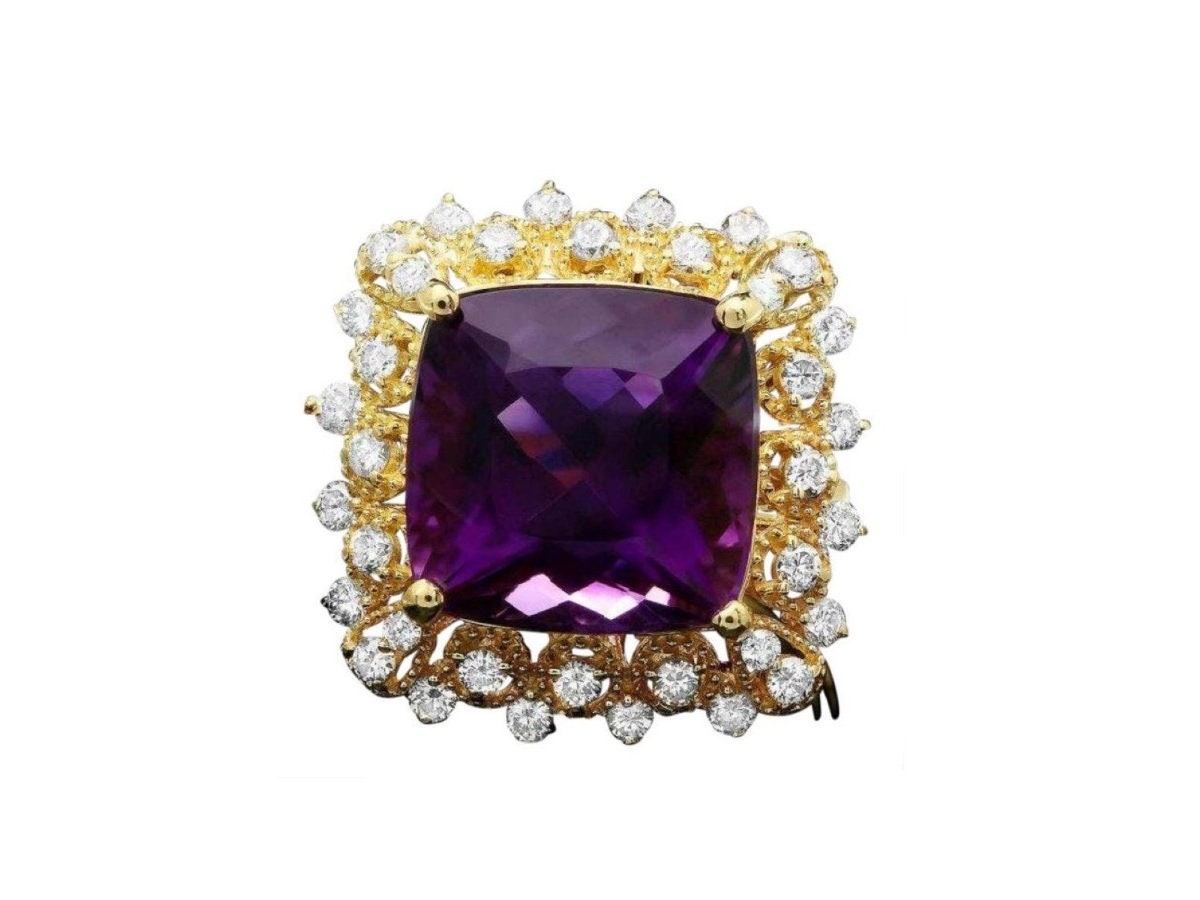 10.00 Karat Natürlicher Amethyst Und Diamant 14K Massive Gelbgold Ring von Beringo