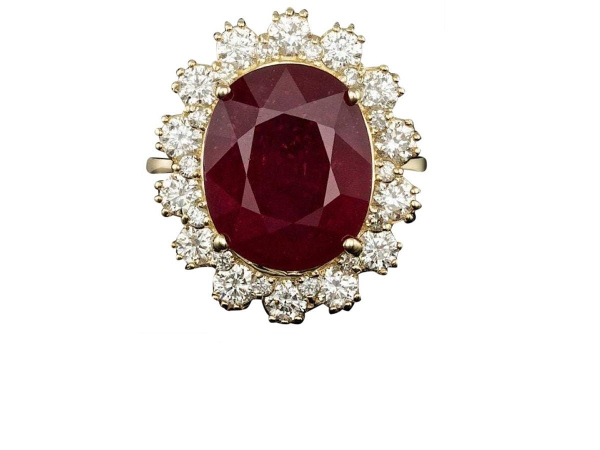 11, 90 Karat Rot Rubin Und Natürlichen Diamanten 14 K Solid Gelbgold Ring von Beringo