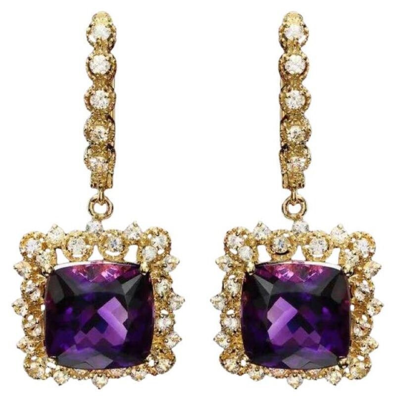 11.60Ct Natürliche Amethyst Und Diamant 14K Massiv Gelbgold Ohrringe von Beringo