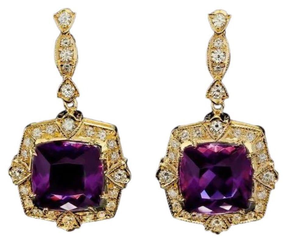 11.80Ct Natürliche Amethyst Und Diamant 14K Massiv Gelbgold Ohrringe von Beringo