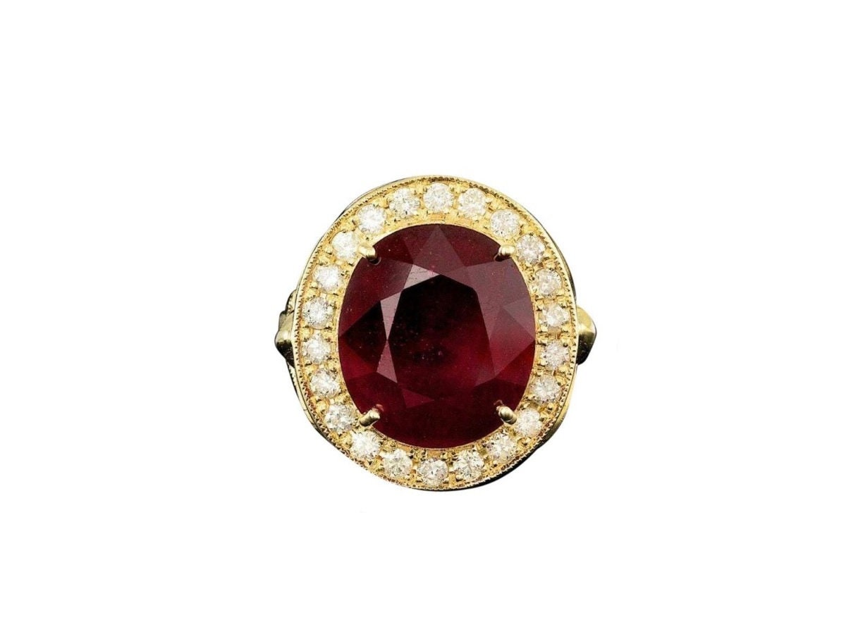 12.70 Karat Roter Rubin Und Diamant 14K Massiver Gelbgold Ring von Beringo