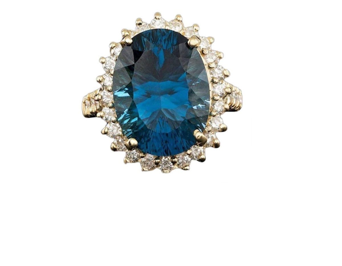 12.90Ct Natürlicher Blautopas & Diamant 14K Gelbgold Ring von Beringo