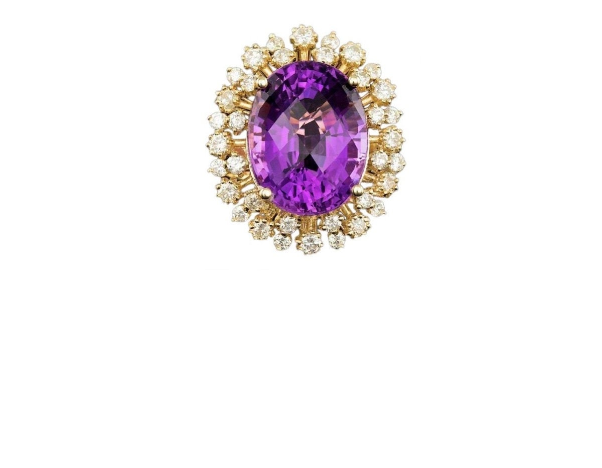 15.20 Karat Natürlichen Amethyst Und Diamant 14 K Solid Yellow Gold Ring von Beringo