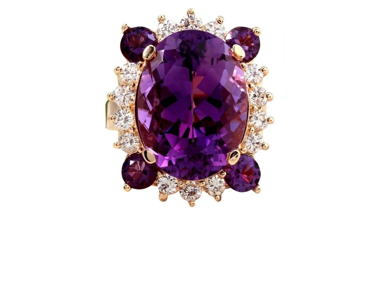 16, 85 Karat Natürlichen Amethyst Und Diamant 14 K Solid Yellow Gold Ring von Beringo