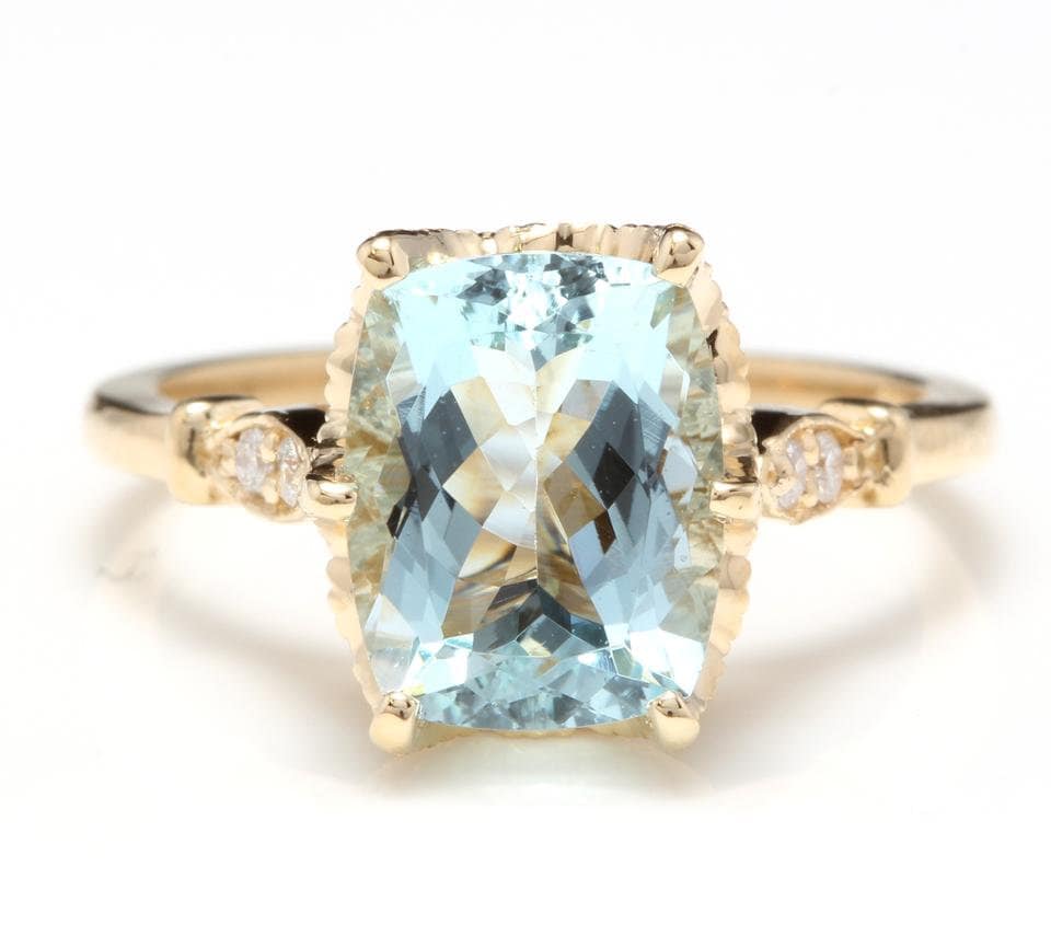 3.08 Karat Natürlicher Aquamarin Und Diamant 14K Massiv Gelbgold Ring von Beringo