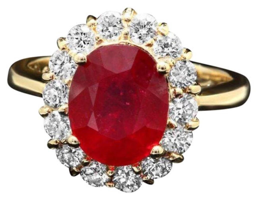 4, 70 Karat Natürliche Rote Rubin Und Diamant 14 K Solid Yellow Gold Ring von Beringo