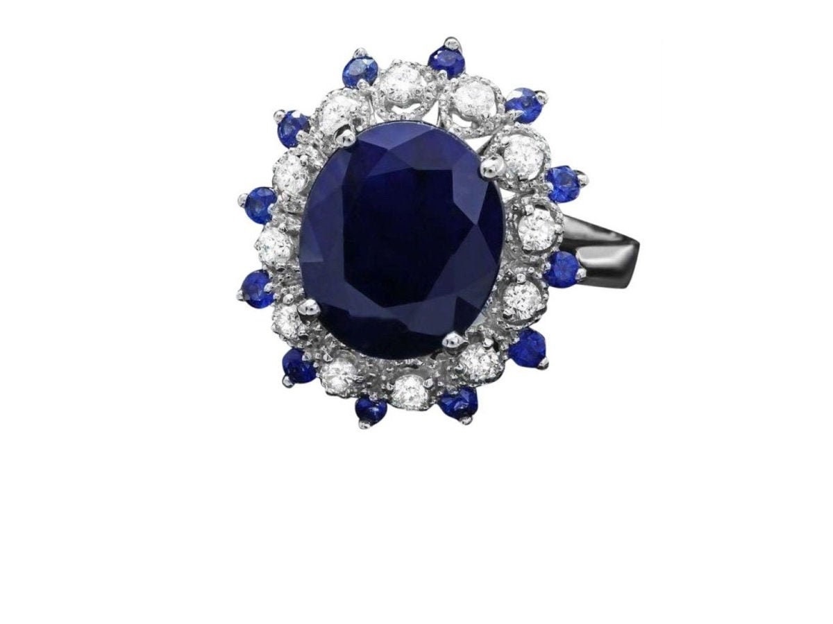 5, 60 Ct Natürliche Blaue Saphir & Diamant 14 K Solide Weißgold Ring von Beringo