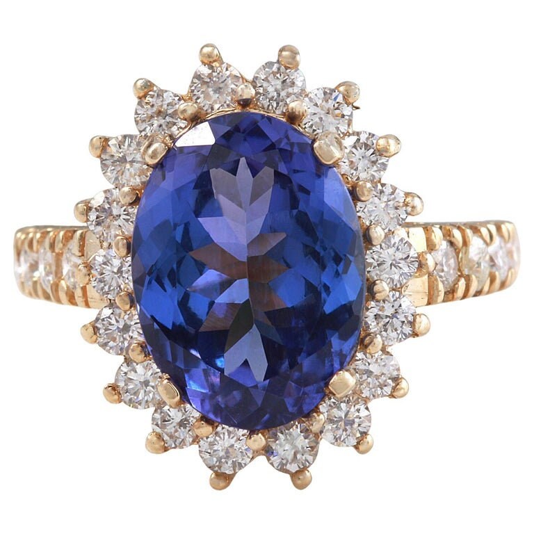 5.25 Karat Natürlicher Sehr Schön Aussehender Tansanit Und Diamant 14K Massives Gelbgold Ring von Beringo