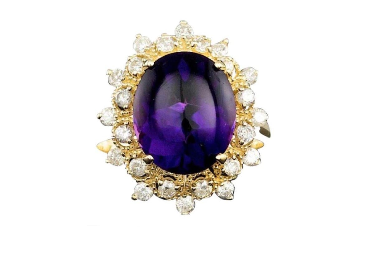 5.50 Karat Natürlicher Amethyst Und Diamant 14K Massiv Gelbgold Ring von Beringo