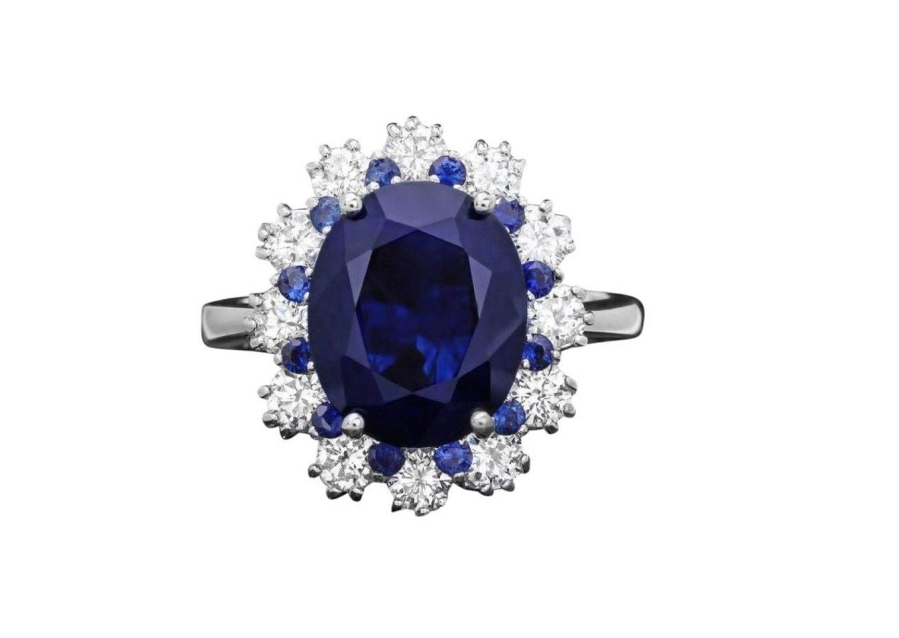 6.80 Karat Natürlicher Blauer Saphir Und Diamant 14K Massives Weißgold Ring von Beringo