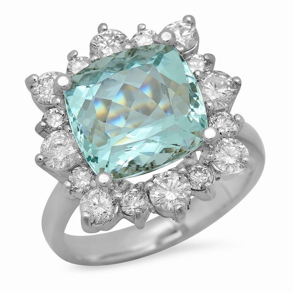 7.00 Karat Natürlicher Aquamarin Und Diamant 14K Massiver Weißgold Ring von Beringo